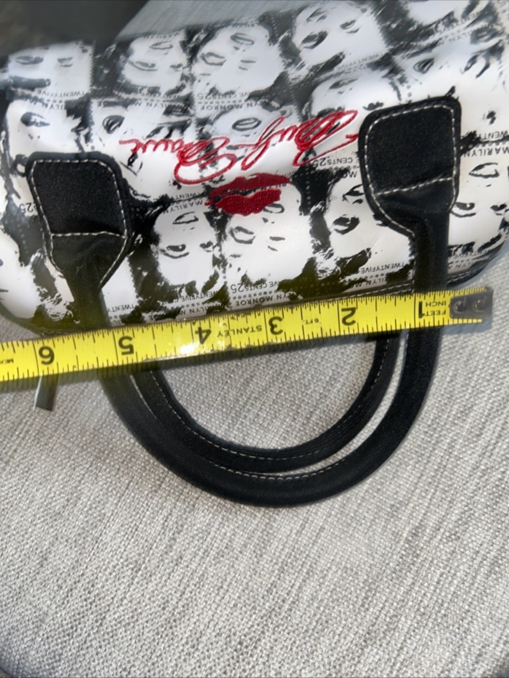 Black & White Marilyn Print Mini Satchel with Red Lip Accent - Picture 9 of 11